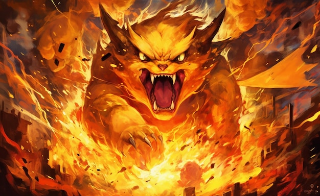 a fiery creature with a red background and a yellow flames.