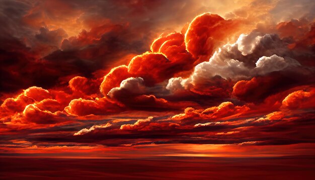 Fiery dark dramatic sunset sky Colorful colors of dawn Incredible beauty A beautiful and colorful abstract nature background Illustration 3d