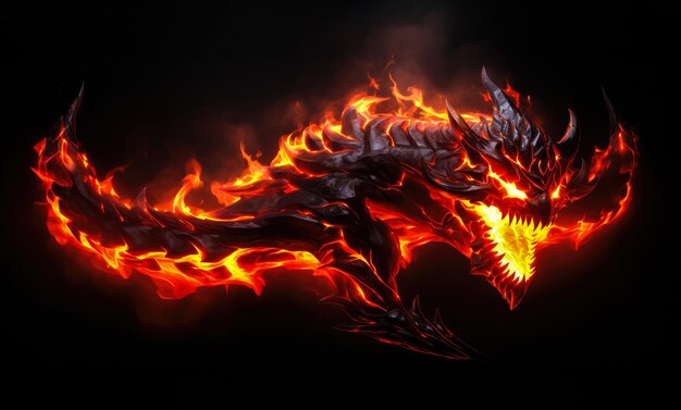 Photo fiery demon mystical monster in fire on dark background