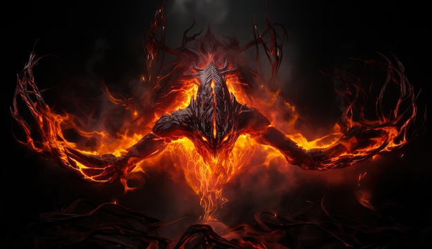 Фото Огненный демон мистический монстр в огне на темном фоне