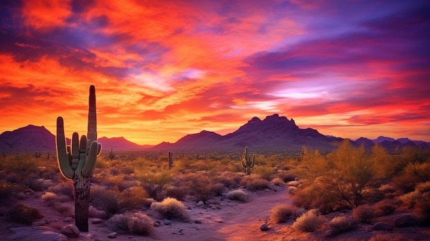 空がオレンジ色と赤と紫の色合いで燃え上がる、燃えるような砂漠の夕日