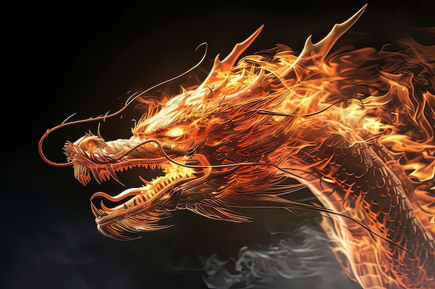 Photo a fiery dragon burning on a black background ai technology generated image