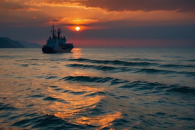 Фото Огненный драматический пейзаж с морем красивое небо и корабли рассвет небольшие волны почти спокойные