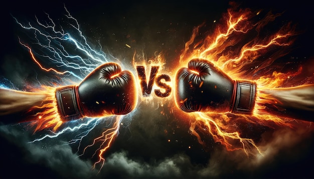 Photo fiery and electric boxing gloves clash concept