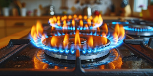 Fiery Elegance CloseUp of Mesmerizing Blue Flames on Gas Stove