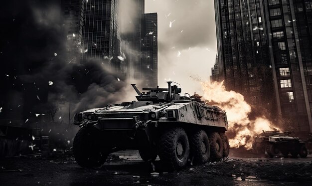 Fiery explosion engulfs a military vehicle amidst a dark ominous wartorn environment
