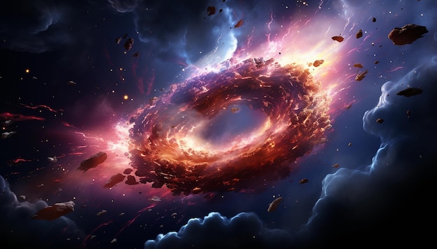 Fiery explosion in space 3D rendering