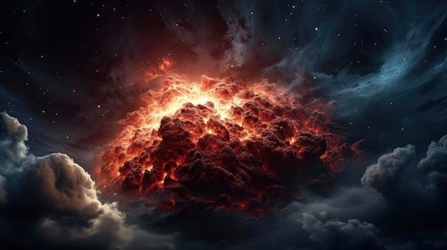 A fiery explosion with a black background and a cloud of smoke