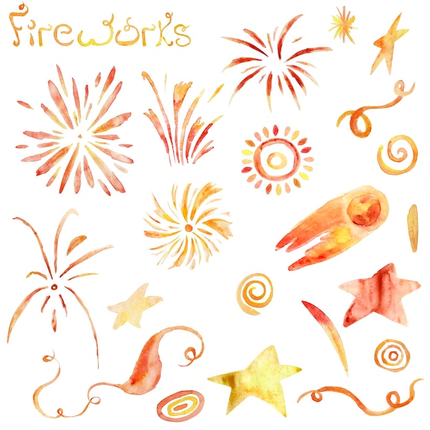 Photo fiery fireworks watercolor elements set