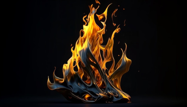 Fiery flames illuminate the black background