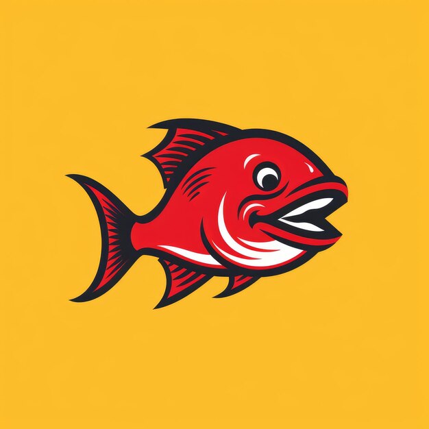 Fiery Flares 黄色い背景に怒った赤い魚の活気のあるミニマリストのロゴ