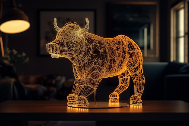 Photo fiery futuristic bull sculpture on technological desk