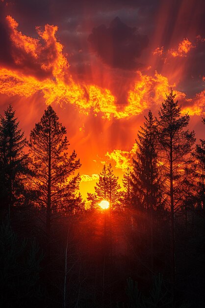 Photo the fiery glow of a sunset behind a silhouette of trees