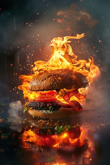 Fiery Hamburger Illuminated on a Black Background