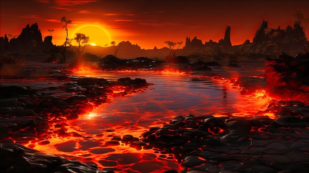 Фото Огненный горизонт над вулканической местностью лавовые реки отражают интенсивный закат среди возвышающихся силуэтов