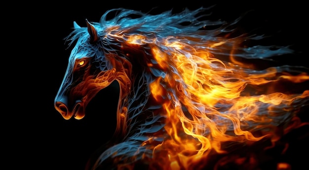 Photo fiery horse on a black background ai generated