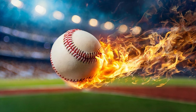 Fiery hot baseball ball kicked with power Orange flame Professional active sport Blurred arena