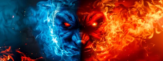 Photo fiery and icy demonic faces concept