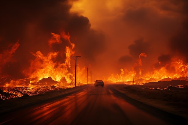 A fiery landscape depicting a highway to hell Generative Ai