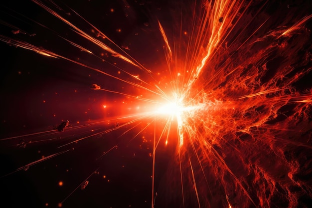 Огненный лазерный луч пронзает темное пространство взрывной силой и оставляет искры