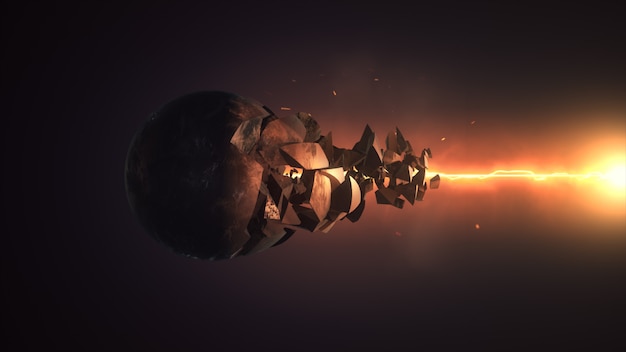 Fiery laser destroying the sphere 3D rendering