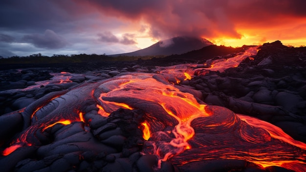 火山から流れる炎の溶岩