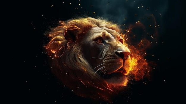 Fiery lion with fire effect on black backgroundgenerative ai