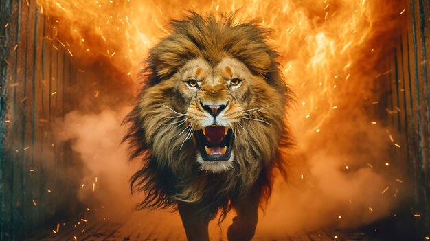 Fiery Majesty Witness the Power of an Angry Lion Emerging from Fire and Smoke Generative AI