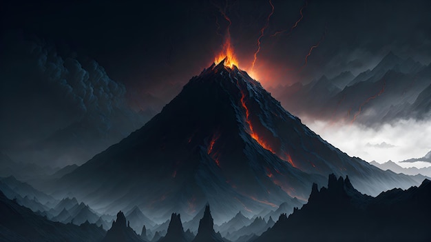 A fiery molten lava filled Mount Doom volcano in Mordor