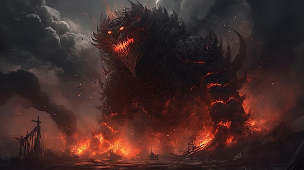 Fiery monster with blazing red eyes digital art illustration Generative AI