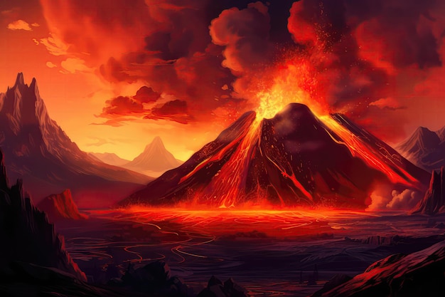 Fiery Mountain Landscape Molten Lava Spewing From The Hills Scene Of Volcanic Eruption