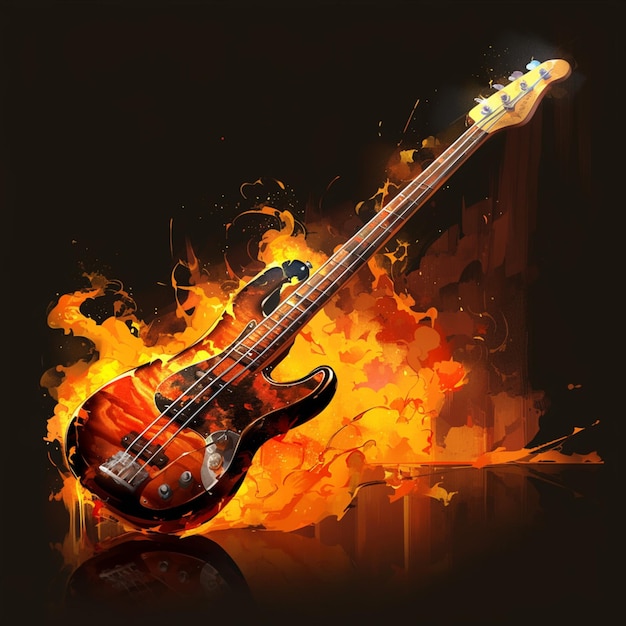 Fiery orange bass guitar diagonal stance flaming hot background rock Vertical Mobile Wallpaper