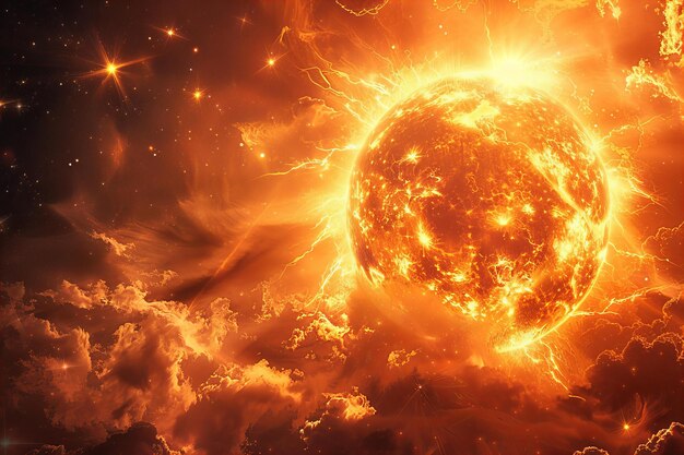 Photo fiery orange planet radiating heat amidst cosmic clouds