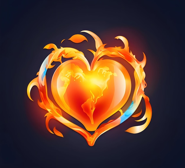 Fiery orange red heart on a dark background Heart as a symbol of affection and love