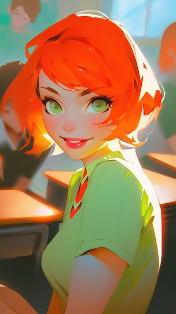 Fiery orangehaired anime girl in a crowded classroom ai generated