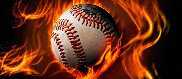 Photo fiery passion baseball ball engulfed in flames against a dynamic fiery background