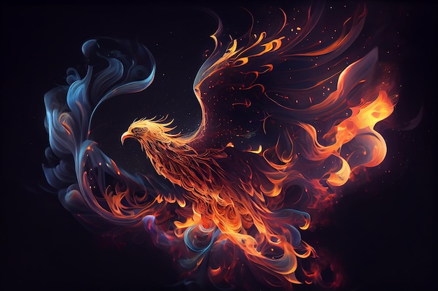 Fiery phoenix on black background Generative ai