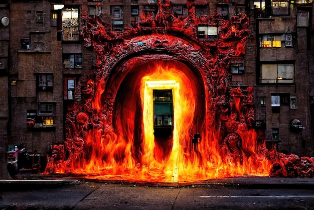 A fiery portal is the gateway to hell a burning door on the wall of a house 3d illustration