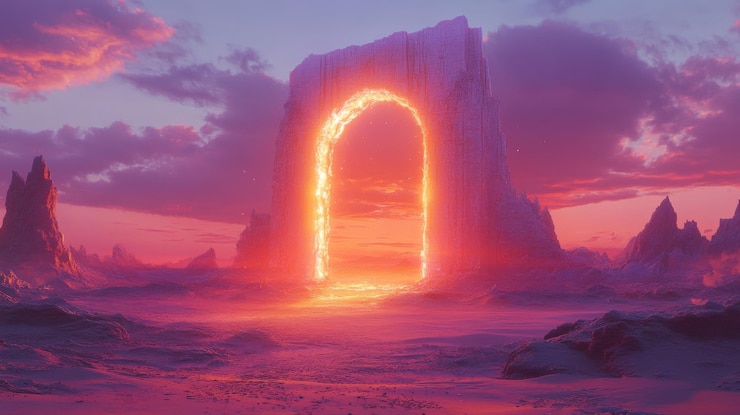 Photo a fiery portal in a purple and red alien landscape