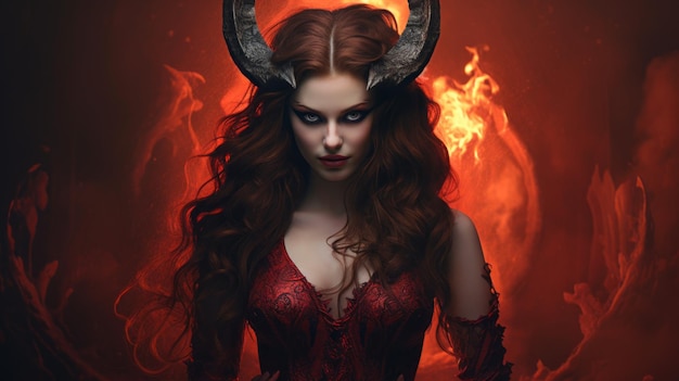 毛皮 の 角 を 持つ 悪魔 の 少女 の 炎 の 肖像