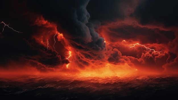 Огненно-красные и черные облака на небе, громовые облака, драматические облака на небе, фантастические магические.