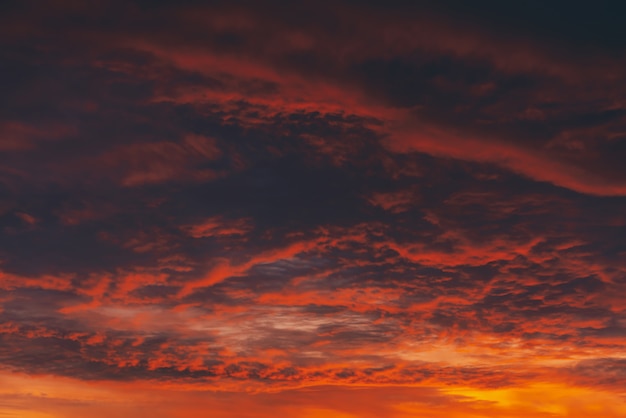 Fiery red blood vampire dawn. Amazing warm dramatic fire cloudy sky. Vivid orange sunlight. Atmospheric background of sunrise in overcast weather. Hard cloudiness. Storm clouds warning. Copy space.