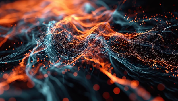 Fiery red and blue light waves with particles on a dark background
