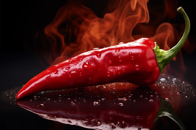 Fiery red chili pepper emits heat its reflection enhancing vibrancy