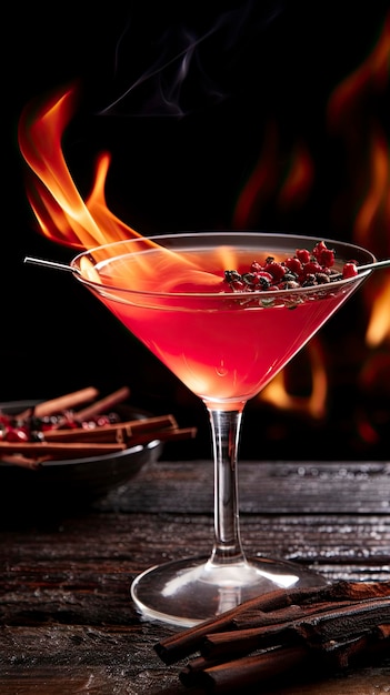 A fiery red cocktail in a martini glass with a mesmerizing flame backdrop