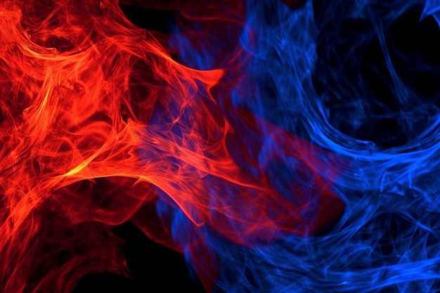 Photo fiery red and electric blue flames contrast on a black canvas