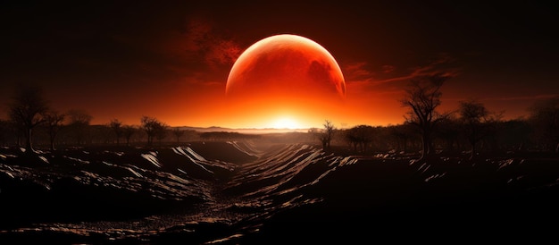 Foto luna piena rossa ardente sopra un campo invernale