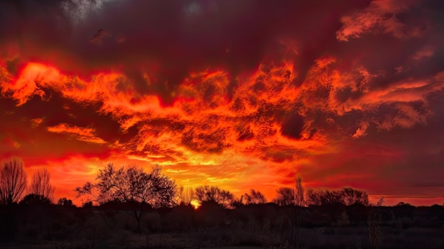 A fiery red and orange sunset with ablaze clouds igniting the sky with vibrant hues