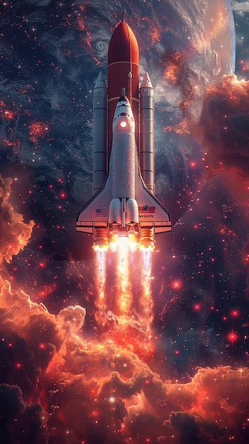 Photo a fiery red rocket ship launching into space wallpaper