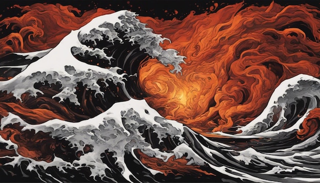 Fiery red and vibrant orange waves crash relentlessly against a backdrop of deep velvety black